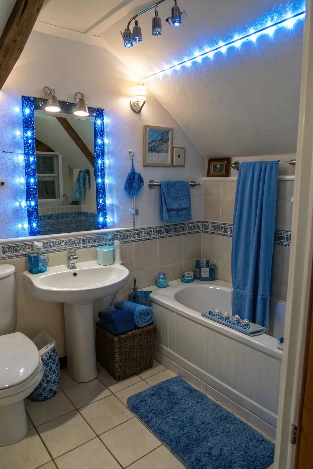 Blue illumination units contribute to a harmonious and modern bathroom design.