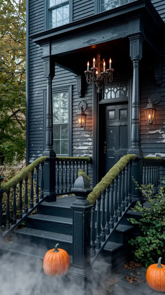 Haunted Victorian Porch with eerie lighting and antique props