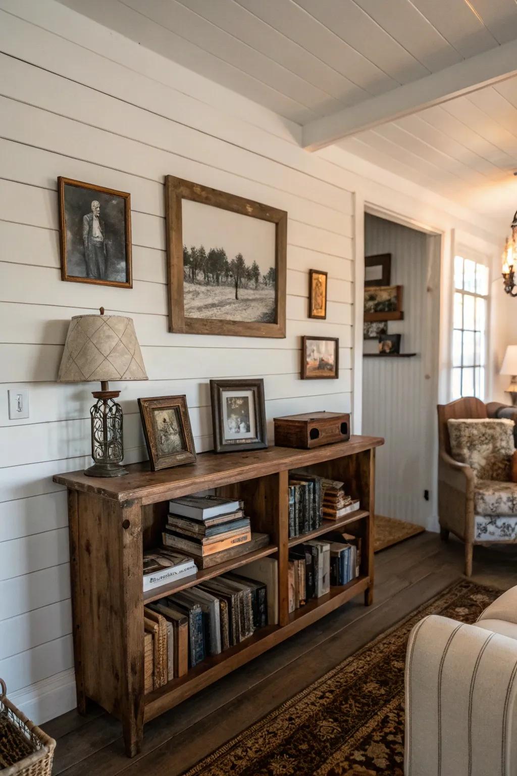 Bright white wood panel walls in an inviting modern farmhouse living space.