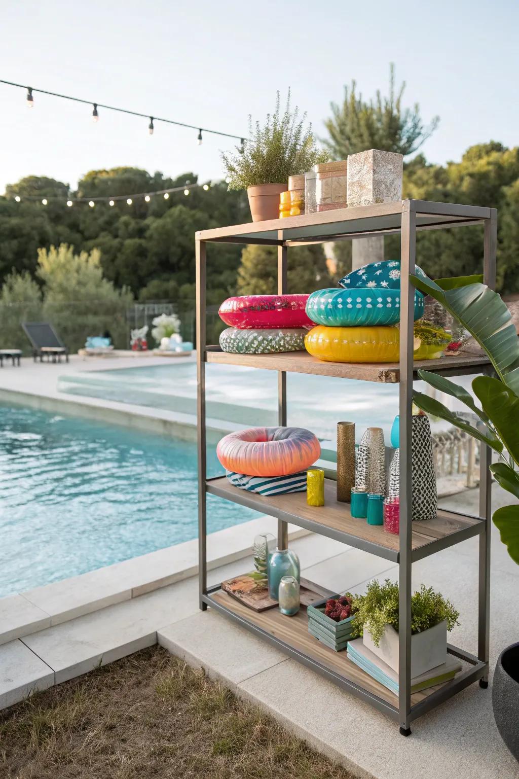 Shelves as both pretty and useful storage for pool floats.