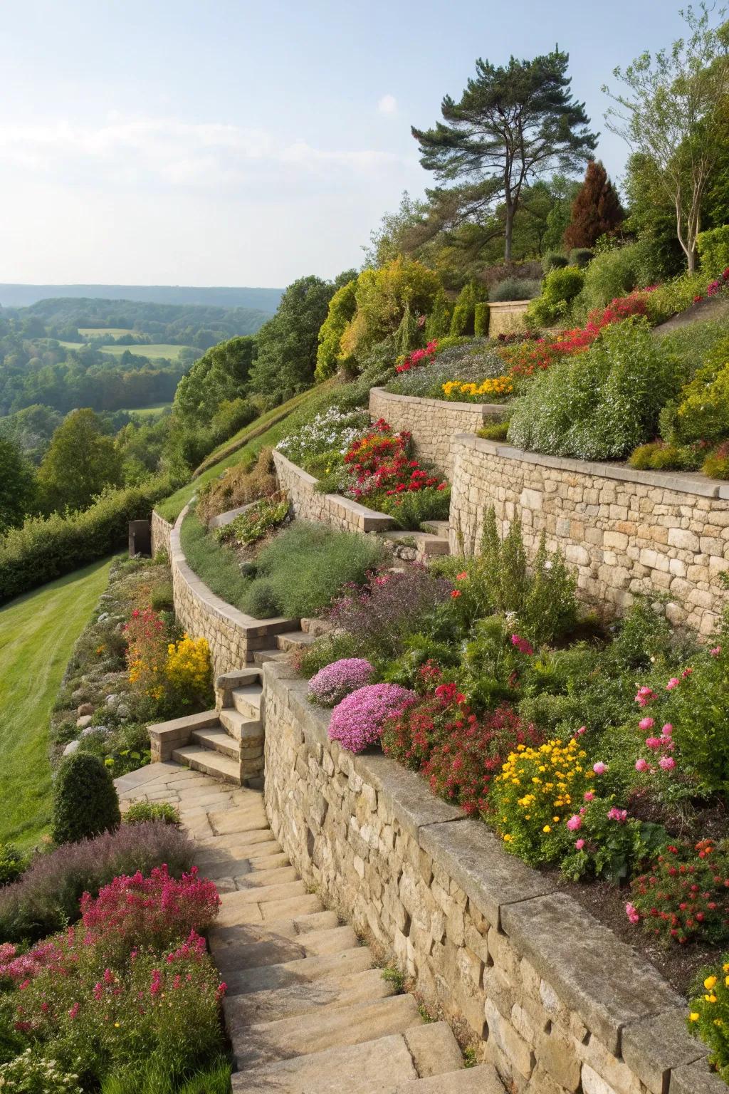 Terraced gardens bring dimension and intrigue to your front yard incline.
