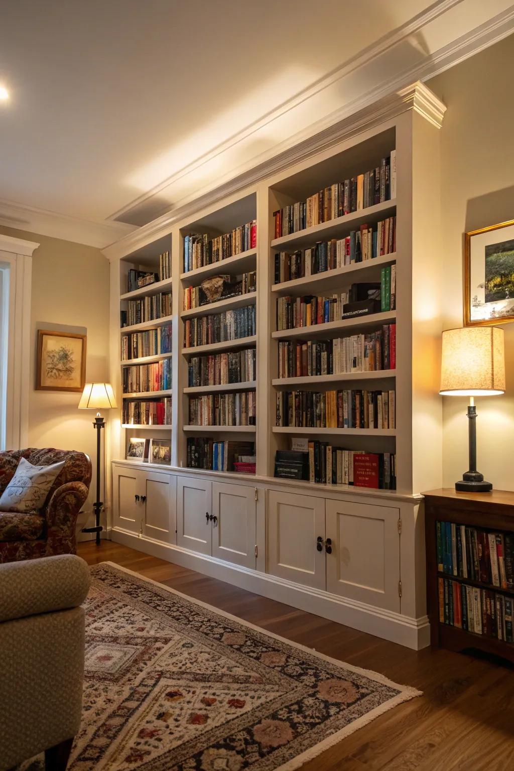 A dramatic floor-to-ceiling bookshelf serves as a captivating focal point.