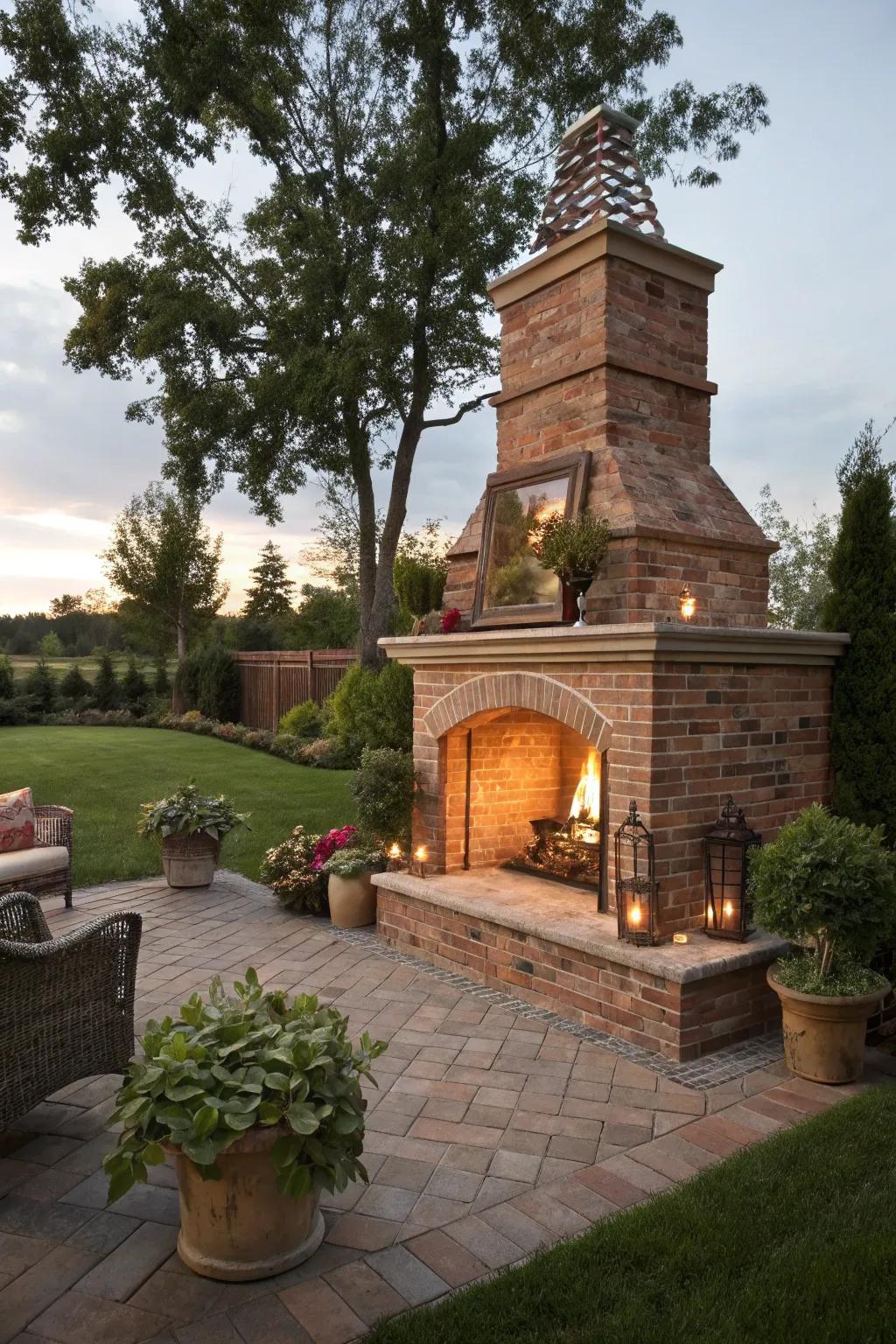 Bring timeless charm to your backyard with a classic brick fireplace.