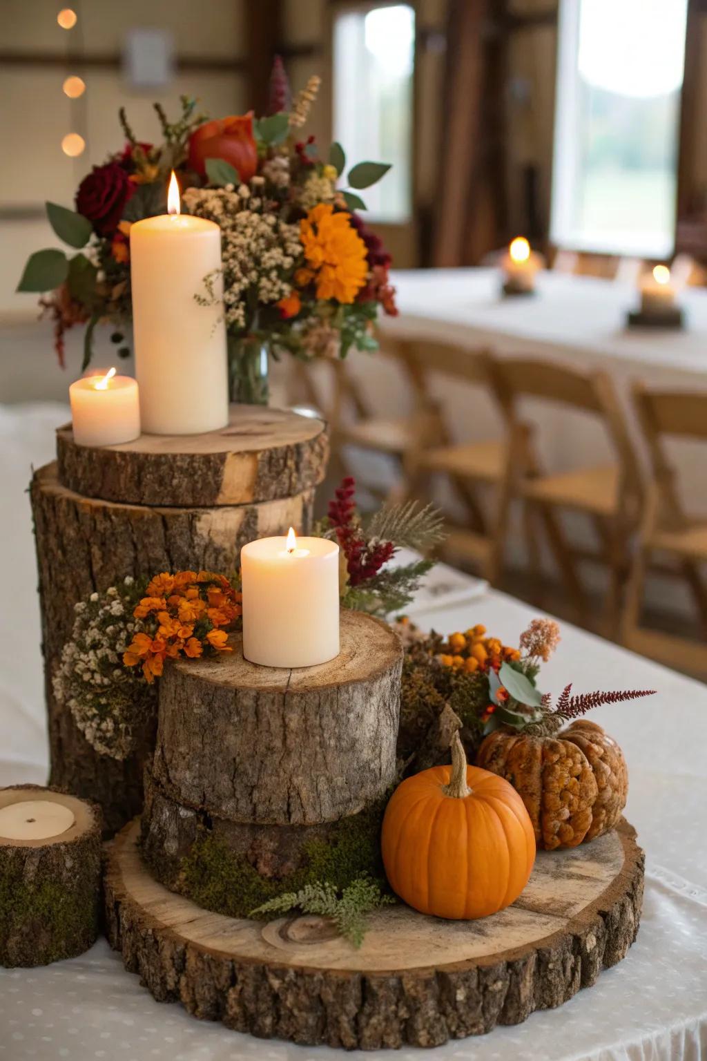 Earthy wood rounds adorned with candles and autumn flowers create an inviting and cozy centerpiece.