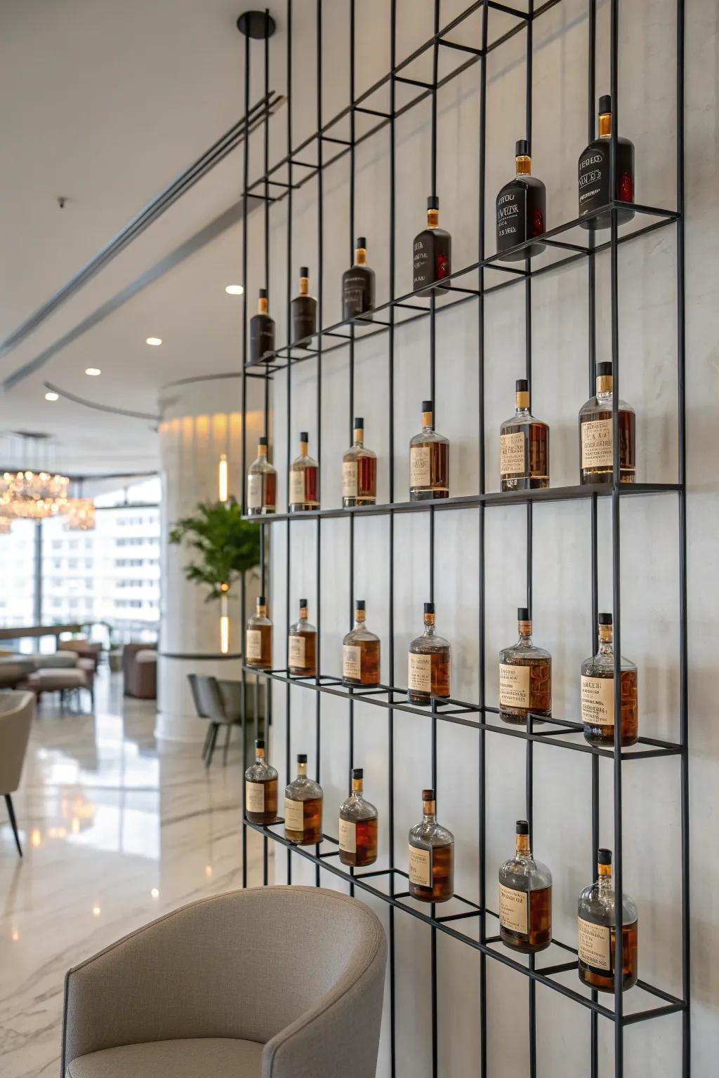 A hanging wall-mounted matrix offering a contemporary presentation for miniature spirit bottles.