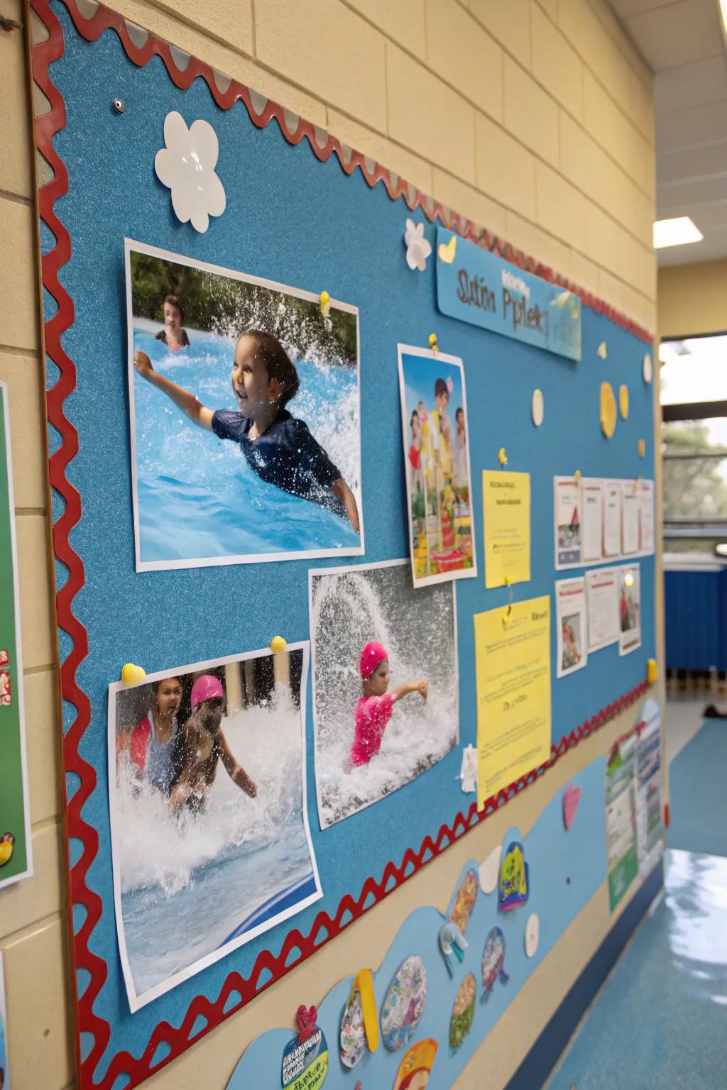 A'Summer Splash Zone' bulletin board bursts with water-themed fun.