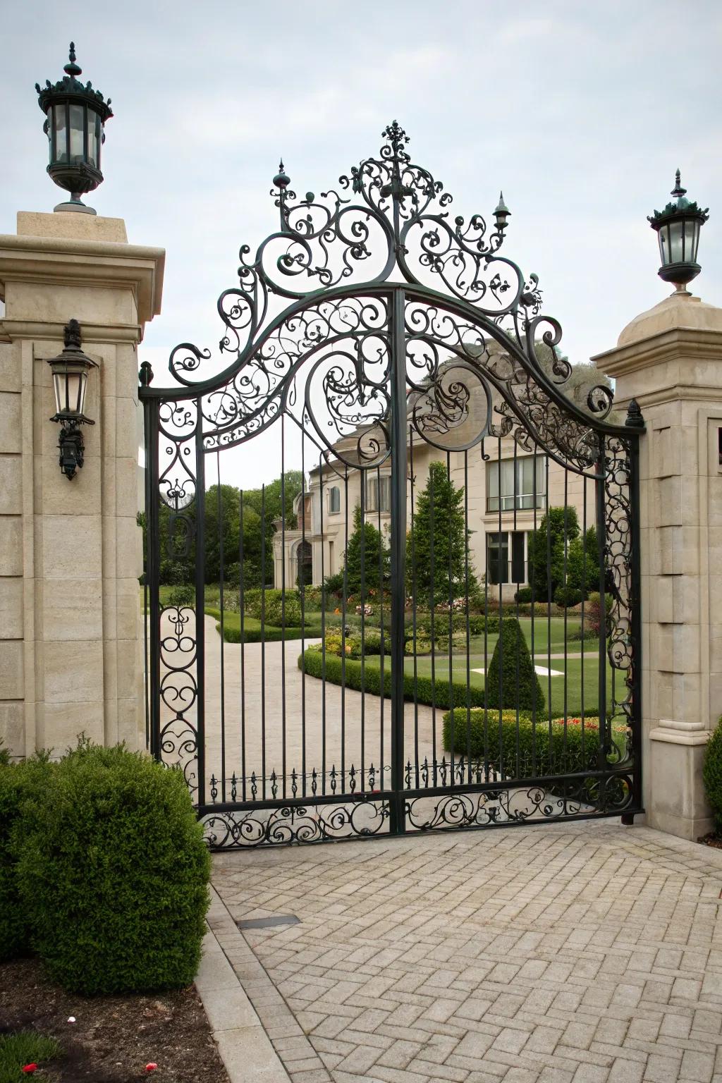 An exquisite iron gate radiates sophistication and strength.