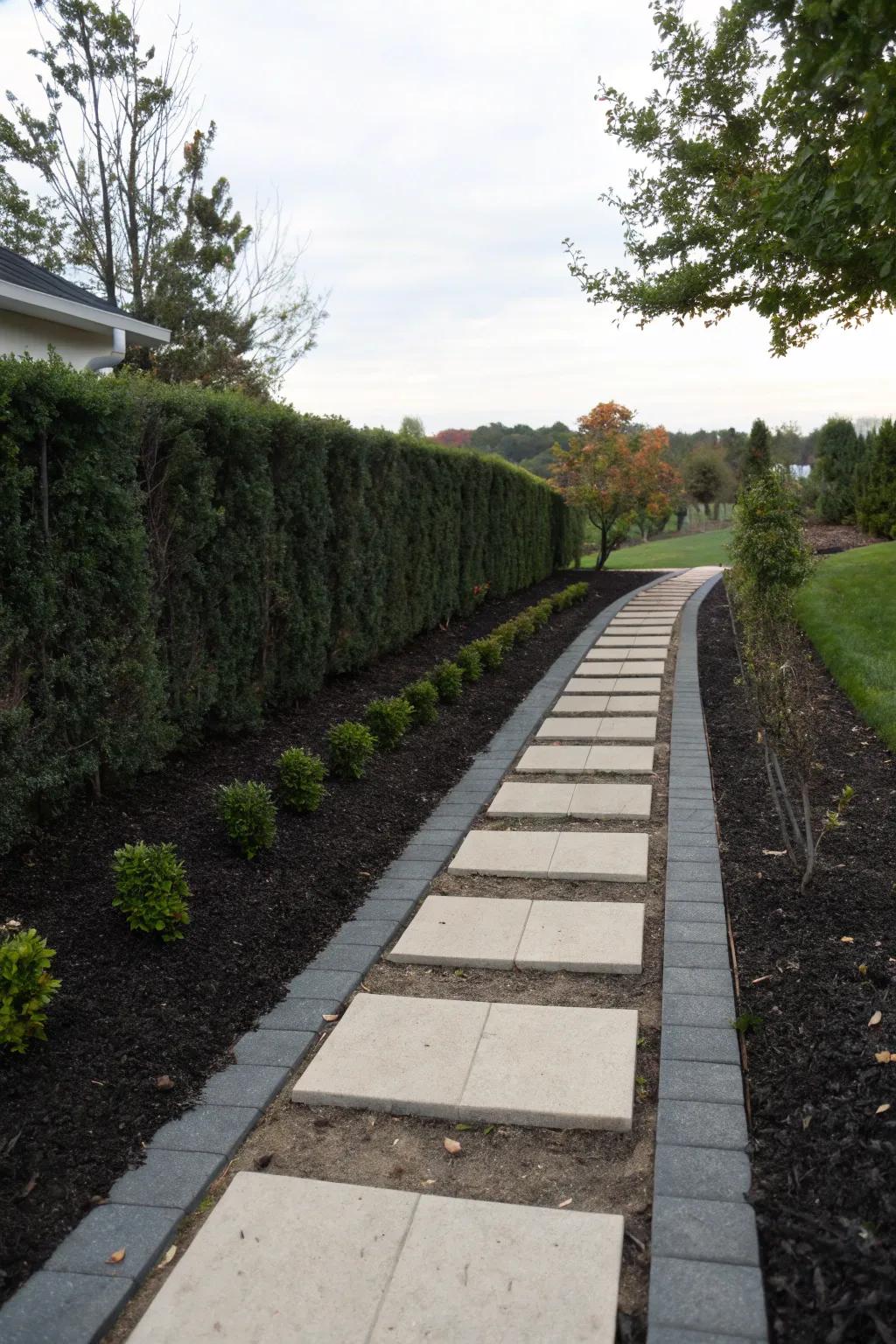 Wood chip borders provide contrast and tidy up your side yard path.
