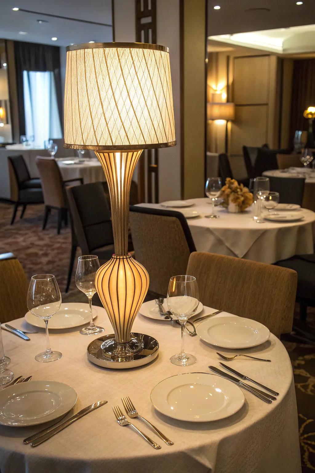 A sculptural table lamp acting as a centerpiece on a sophisticated restaurant table.