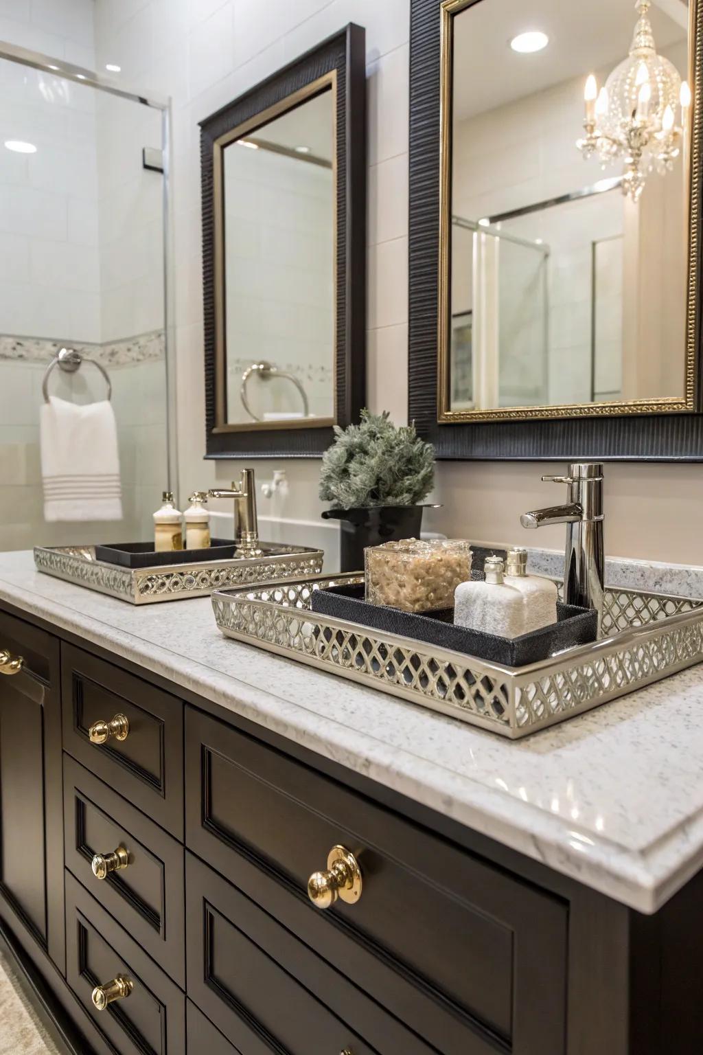 A lavish vanity space with elegant hardware and fashionable ornaments.