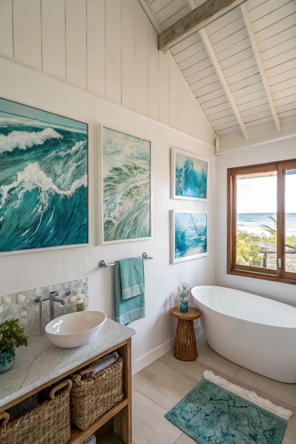 Abstract seaside art evokes a peaceful coastal atmosphere.