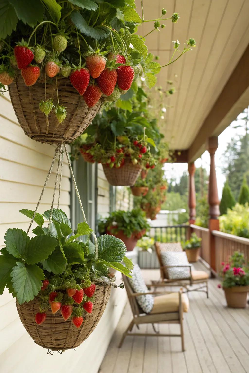 Strawberries thriving in hanging baskets on a porch.