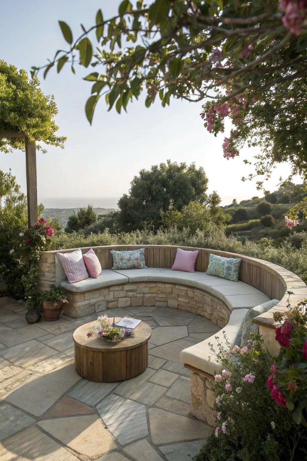This round patio is enriched by a curved bench, which adds both design and comfort.