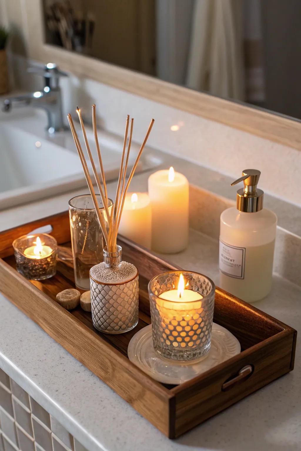 The bathroom has a cozy ambiance thanks to candles and diffusers.