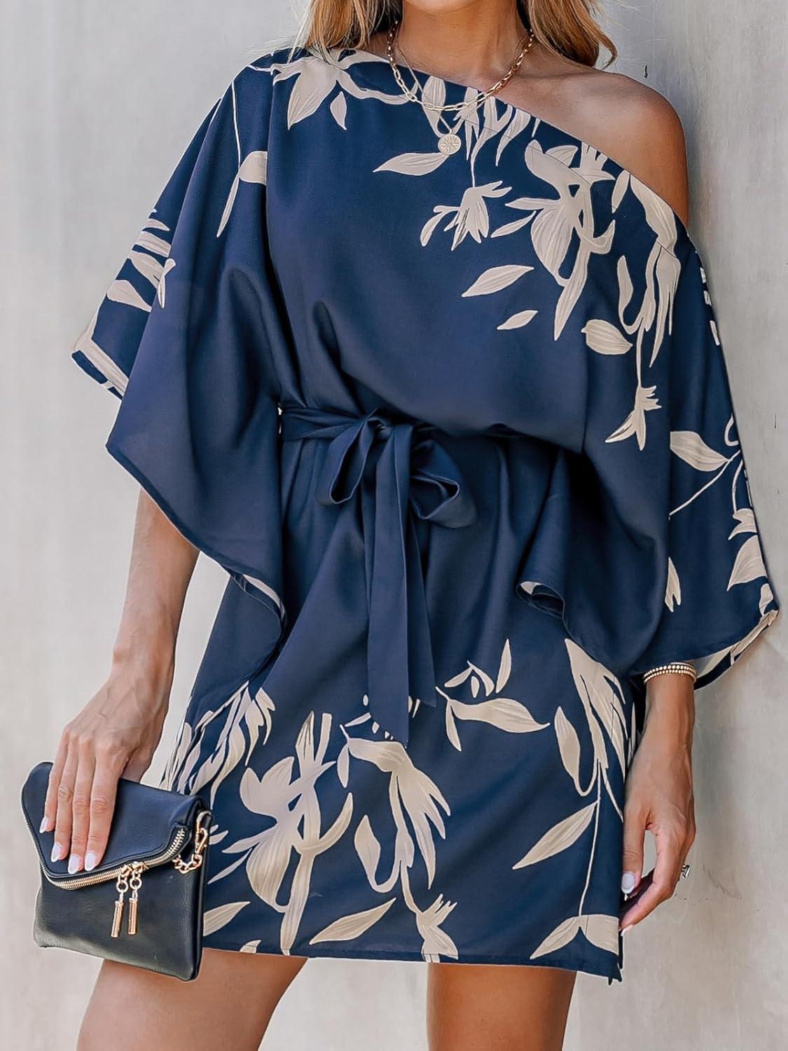 CUPSHE Women's Casual Mini Dress Navy Leaf print worn by you