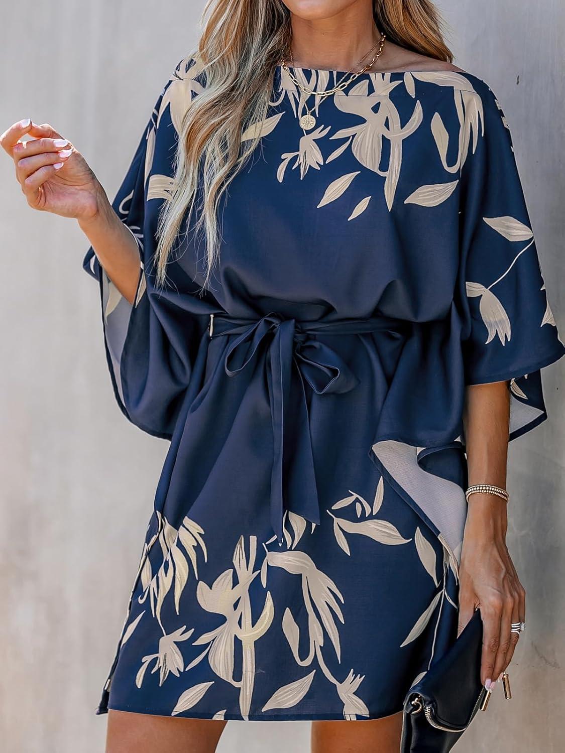 CUPSHE Women's Casual Mini Dress Navy Leaf print worn by you