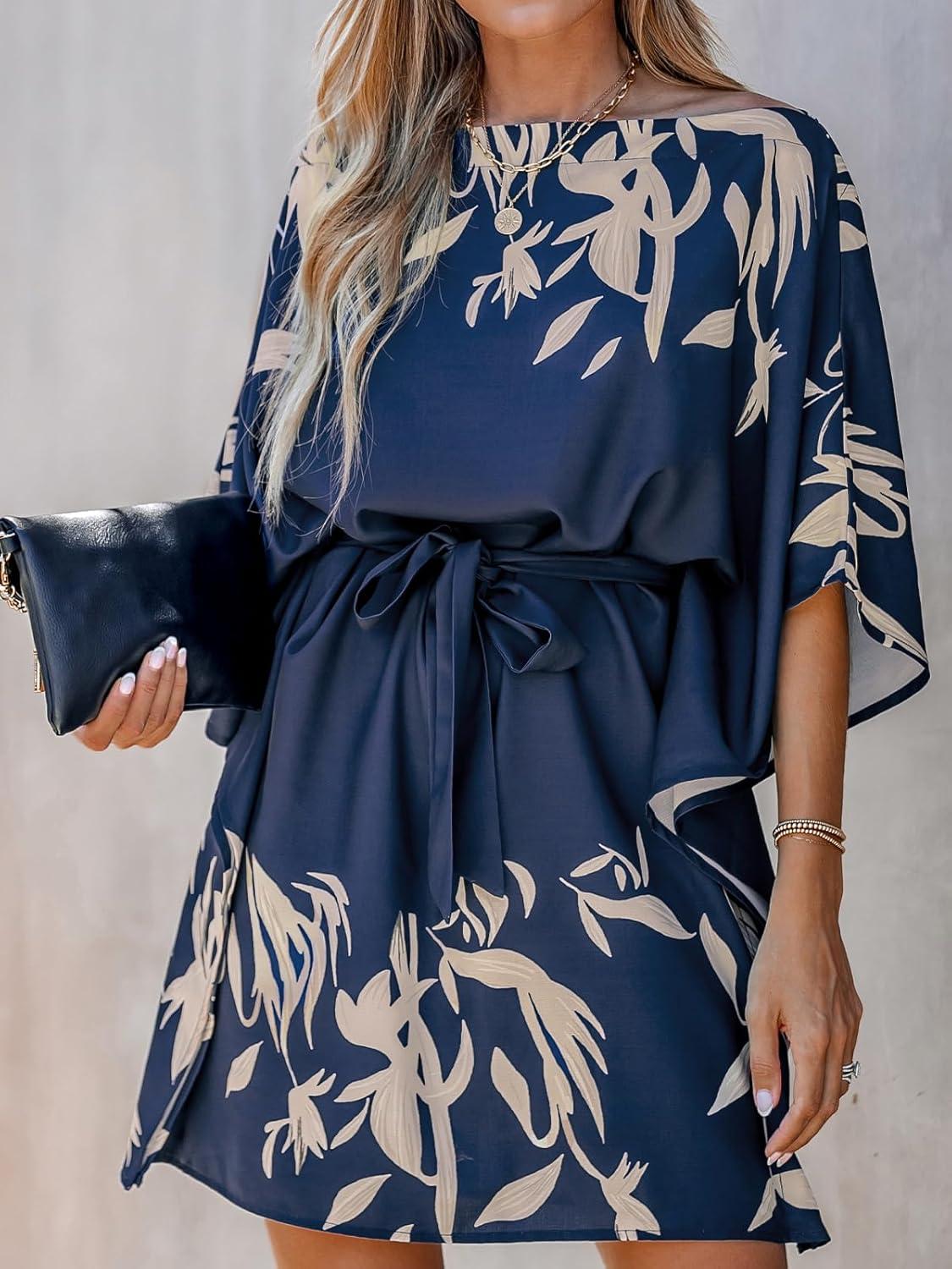 CUPSHE Women's Casual Mini Dress Navy Leaf Print worn by you