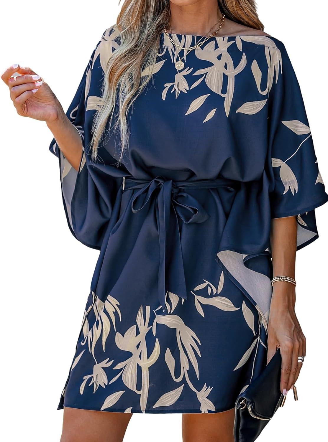 CUPSHE Women’s Casual Mini Dress Navy Leaf Print worn by you CUPSHE Women’s Casual Mini Dress Navy Leaf Print worn by you